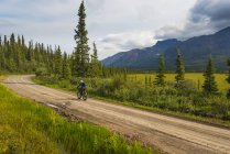 Man fat biking on the Nabesna Road in Wrangell - St. Elias National Park and Preserve on a cloudy summer day in South-central Alaska, United States of America — Stock Photo