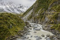 Rivière de montagne sale le long de la piste Hooker Valley, parc national du Mont Cook ; île du Sud, Nouvelle-Zélande — Photo de stock