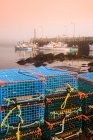 Trappole per aragoste impilate lungo la costa con barche legate su un molo sullo sfondo, Bay of Fundy; Tiverton, Long Island, Nova Scotia, Canada — Foto stock