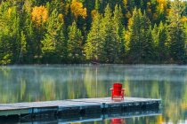 Stuhl auf der Anklagebank mit herbstlichem Laub, das sich im ruhigen Seewasser des Clear Lake, Riding Mountain National Park, Manitoba, Kanada, widerspiegelt — Stockfoto