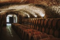Barrels in a rows at wine cellar; Italy — Stock Photo