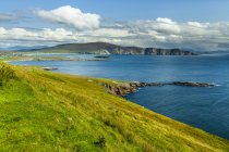 Яркая голубая вода и пышная зеленая трава вдоль береговой линии острова Феллилл на Диком Атлантическом Пути; остров Феллилл, графство Мейо, Ирландия — стоковое фото