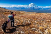Woman backpacker and her dog pause to take a picture of the Alaska Range while hiking on the Kesugi Ridge Trail in Denali State Park, Alaska in the autumn; Alaska, United States of America — Stock Photo