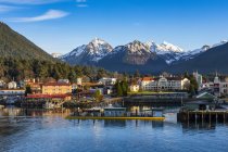 Winter view of Sitka Harbour with Gavan Hill and The Sisters mountains in background; Sitka, Alaska, United States of America — Stock Photo