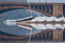 Reflet d'un pont et de bateaux dans la rivière, Longfellow Bridge, Charles River, Boston, Suffolk County, Massachusetts, USA — Photo de stock