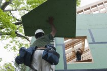 Hispanic carpenters taking wall sheathing up ladder at a house under construction — Stock Photo