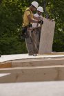 Menuisiers déplaçant un panneau de particules sur un chantier de construction — Photo de stock