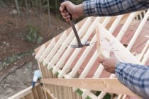 Carpenter removing nail from rafter end, cropped image — Stock Photo