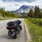 Motorcycle parked on the roadside on the Icefield Parkway, Improvement District No.12; Alberta, Canada — Stock Photo