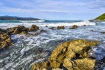 Rocas en la orilla de la costa sur de la Isla Norte de Nueva Zelanda; Wellington, Isla Norte, Nueva Zelanda - foto de stock