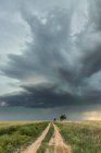 Supercell over the prairies and a dirt road, with sunlight illuminating the dramatic sky; Tulsa, Oklahoma, United States of America — Stock Photo