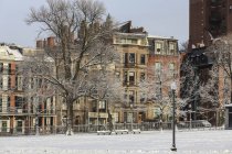 Snow covered park after a snow storm, Boston Common, Beacon Street, Beacon Hill, Boston, Suffolk county, Massachusetts, USA — Stock Photo