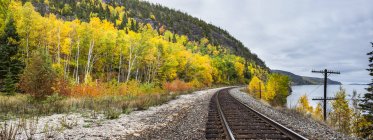 Carriles de tren a lo largo del Lago Superior con árboles en follaje de color otoñal; Ontario, Canadá - foto de stock