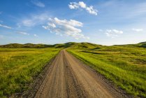 Strada sterrata che conduce in lontananza, Grasslands National Park; Val Marie, Saskatchewan, Canada — Foto stock