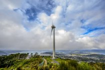 Wind turbine at high elevation with a view of a cityscape of Wellington and coastline of the North Island of New Zealand below; Wellington, North Island, New Zealand — Stock Photo