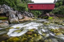 Historic red covered bridge over a shallow stream, Fundy National Park; Saint John, New Brunswick, Canada — Stock Photo