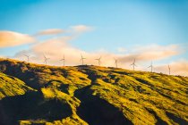 Windkraftanlagen in einer Reihe entlang eines Bergrückens einer zerklüfteten Landschaft in der Nähe von Kihei: Kihei, Maui, Hawaii, Vereinigte Staaten von Amerika — Stockfoto
