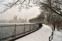Snowfall by the Jacqueline Kennedy Onassis Reservoir, Central Park; Manhattan, Nueva York, Estados Unidos de América - foto de stock
