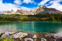 Alpine lake with rocky shoreline and mountain range in the distance with blue sky and clouds, Yoho National Park; Field, British Columbia, Canada — Stock Photo