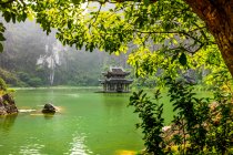 Paisagem exuberante e uma estrutura asiática tradicional no meio de um lago verde; Província de Ninh Binh, Vietnã — Fotografia de Stock