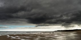 Dark storm clouds over the Atlantic ocean with two people and their dog walking on the wet sand beach in the foreground; South Shields, Tyne and Wear, England — Stock Photo