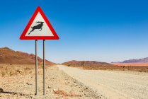 Attenzione animali selvatici segnalano su una lunga strada asciutta, Namib Desert, Namib-Naukluft National Park; Namibia — Foto stock