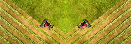 Vista desde arriba de la imagen del espejo de dos hileras cortando un campo de cebada con líneas gráficas de cosecha; Beiseker, Alberta, Canadá - foto de stock