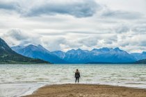 Mujer de pie en una playa de arena con vistas al lago Carcross y las vastas cordilleras del Yukón; Carcross, Yukón, Canadá - foto de stock