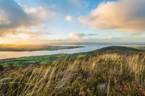 Vue panoramique sur la colline et la campagne irlandaises avec un lac au loin ; Tauntinna, comté de Tipperary, Irlande — Photo de stock