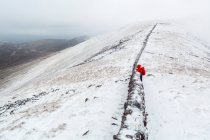 Wanderin mit Blick auf eine alte Steinmauer auf dem Gipfel der Galty Mountains im Winter bei trübem, nebligem Wetter; County Tipperary, Irland — Stockfoto