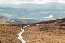 Promenade en bois menant à travers une lande sur une montagne avec une rivière et des champs au loin ; Killaloe, Clounty Clare, Irlande — Photo de stock