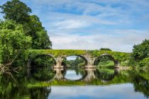 Old stone bridge over the Blackwater river in Kilavullen reflected in the water on a sunny summer day; Killavullen, County Cork, Ireland — Stock Photo