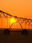 Agriculture - Center pivot irrigation system silhouetted at sunrise on a hay field. Alberta, Canada. — Stock Photo