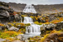 Dynjandi (также известный как Fjallfoss) представляет собой серию водопадов, расположенных в Вестфьордах, Исландия. Водопады имеют общую высоту 100 метров; Isafjaroarbaer, Westfjords, Iceland — стоковое фото