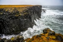 View point from a cliff to the waves rolling into a volcanic cliff along the coastline in Arnarstapi; Snaefellsbaer, Western Region, Iceland — стоковое фото