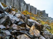 Gerduberg penhasco de dolerite, uma rocha de basalto de grãos de curso, localizado na península ocidental Snaefellsnes; Eyja- og Miklaholtshreppur, região ocidental, Islândia — Fotografia de Stock