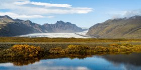 A glacier lying between mountains with autumn coloured foliage in the foreground; Hornafjordur, Eastern Region, Iceland — Stock Photo