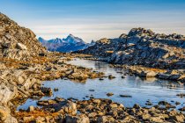 Paisagem rochosa com água e picos montanhosos acidentados à distância; Sermersooq, Groenlândia — Fotografia de Stock