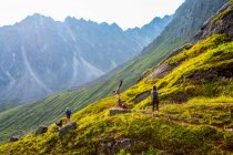 Two caucasian women hiking with their dog, with an asian man doing a handstand on a boulder between the two women on the very rocky/bouldery Reed Lakes trail through the Talkeetna Mountains in Hatcher's Pass, Palmer, Alaska — Stock Photo