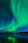 Leuchtend grüne Polarlichter tanzen wie Feuer über dem Birch Lake mit Spiegelungen, Innere Alaska im Herbst; Fairbanks, Alaska, Vereinigte Staaten von Amerika — Stockfoto