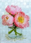 Großaufnahme Bouquet von drei rosa Pfingstrosen (Paeonia) in einer Glasvase; Surrey, British Columbia, Kanada — Stockfoto