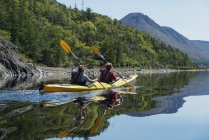 Kayak en el Parque Nacional Gros Morne; Río de la trucha, Terranova, Canadá - foto de stock