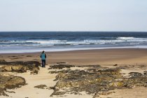 Uma mulher em pé em uma praia olhando para o oceano; Northumberland, Inglaterra — Fotografia de Stock