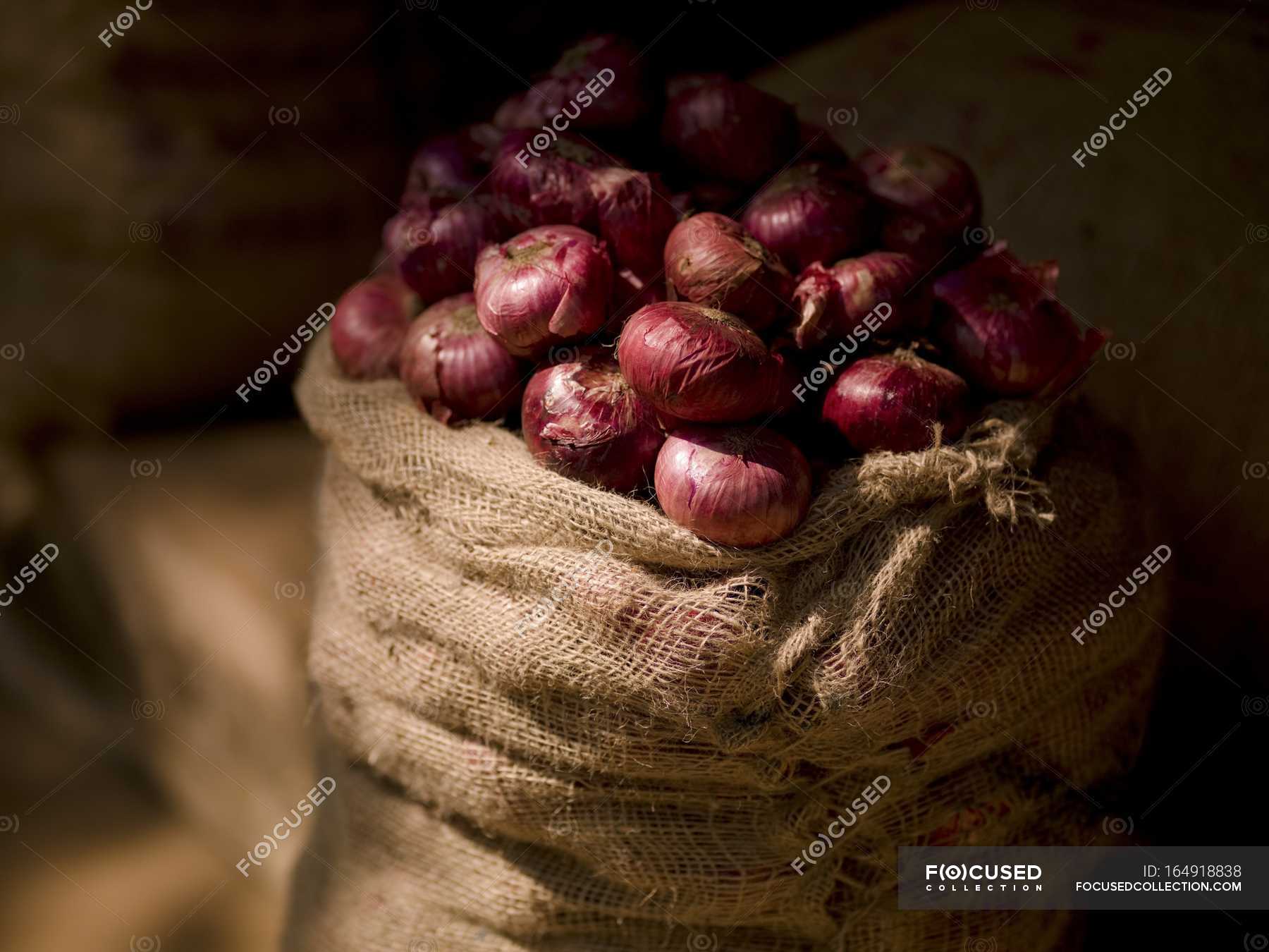 Sack Of raw Onions — vital, greenery Stock Photo 164918838