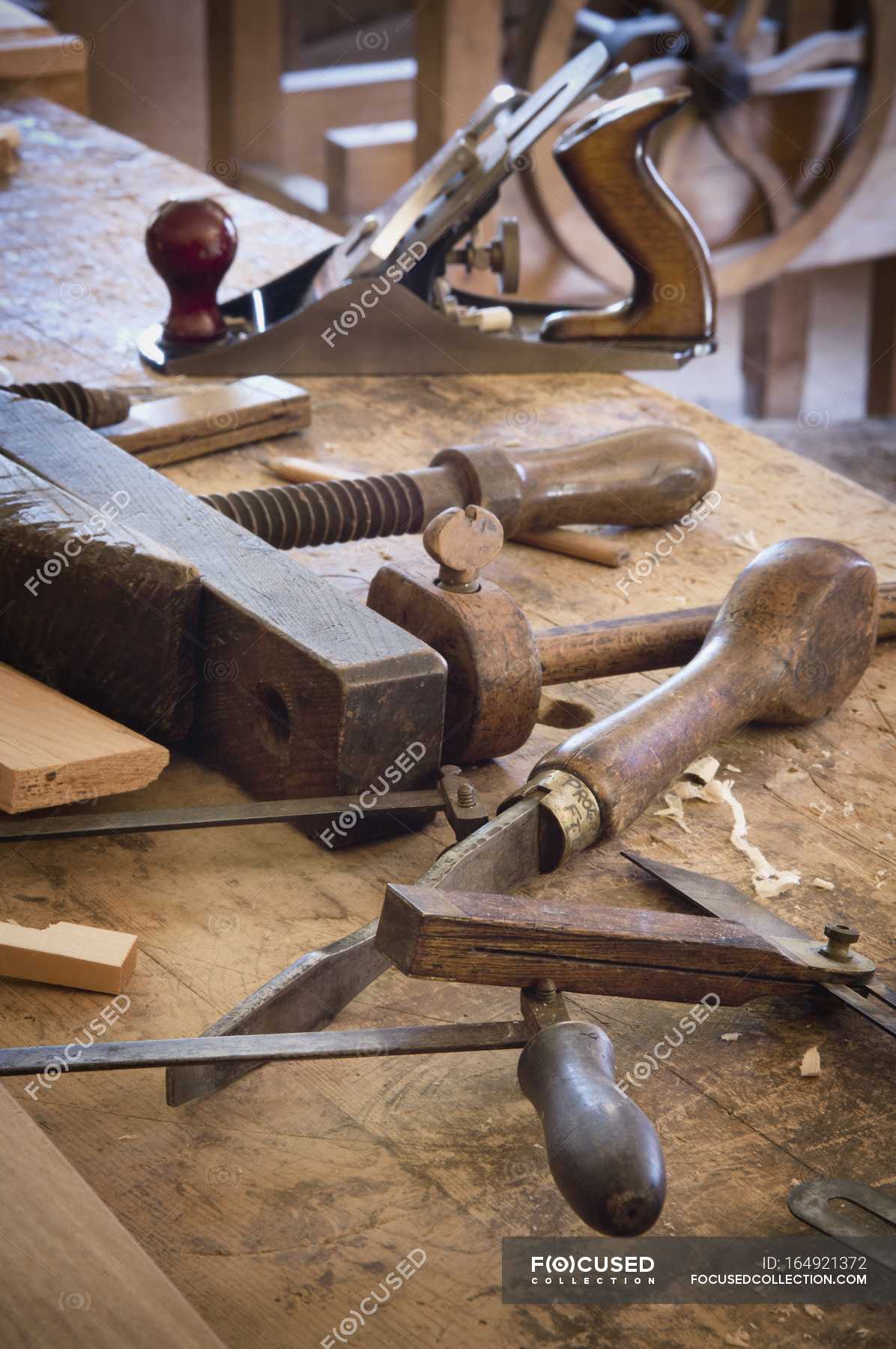 Closeup antique woodworking tools. Fort Edmonton Alberta 