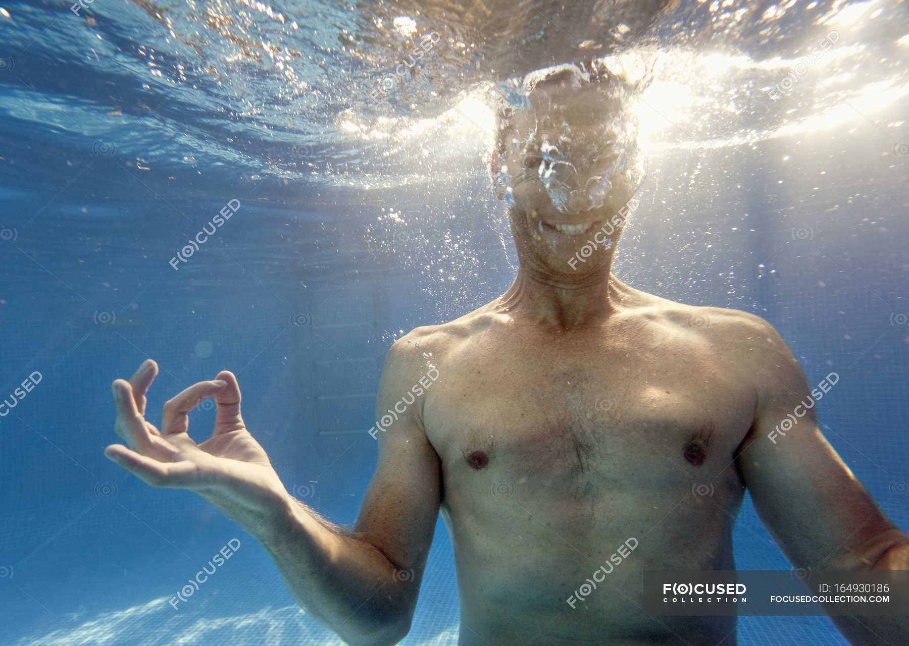 Man Doing Mediation Pose Underwater Sport Healthy Stock Photo