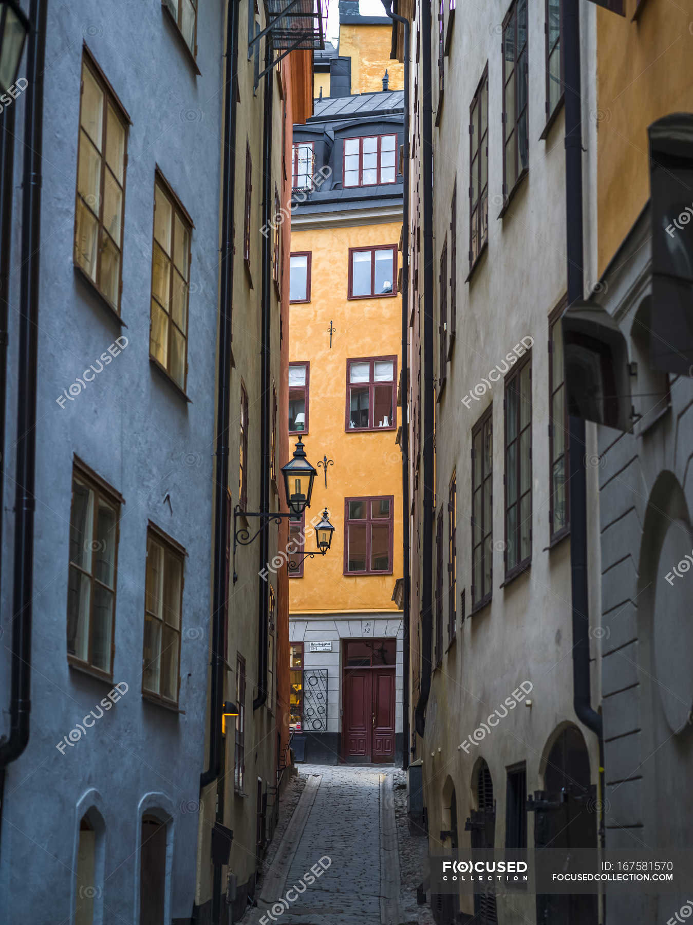 Narrow street between buildings — backdrop, countryside - Stock Photo ...