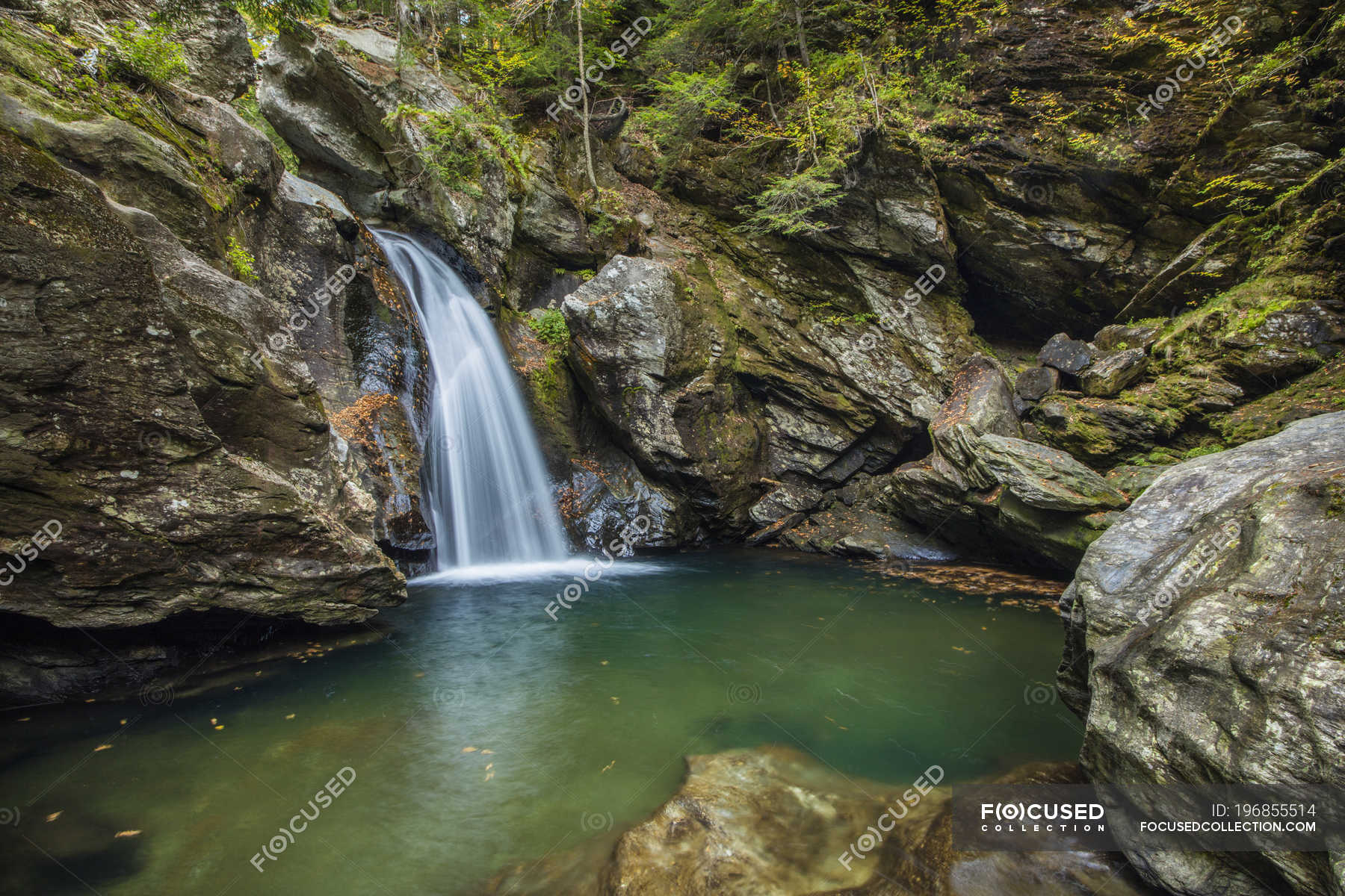 Bingham Falls with foliage on the rugged rocks,Green Mountains; Stowe ...