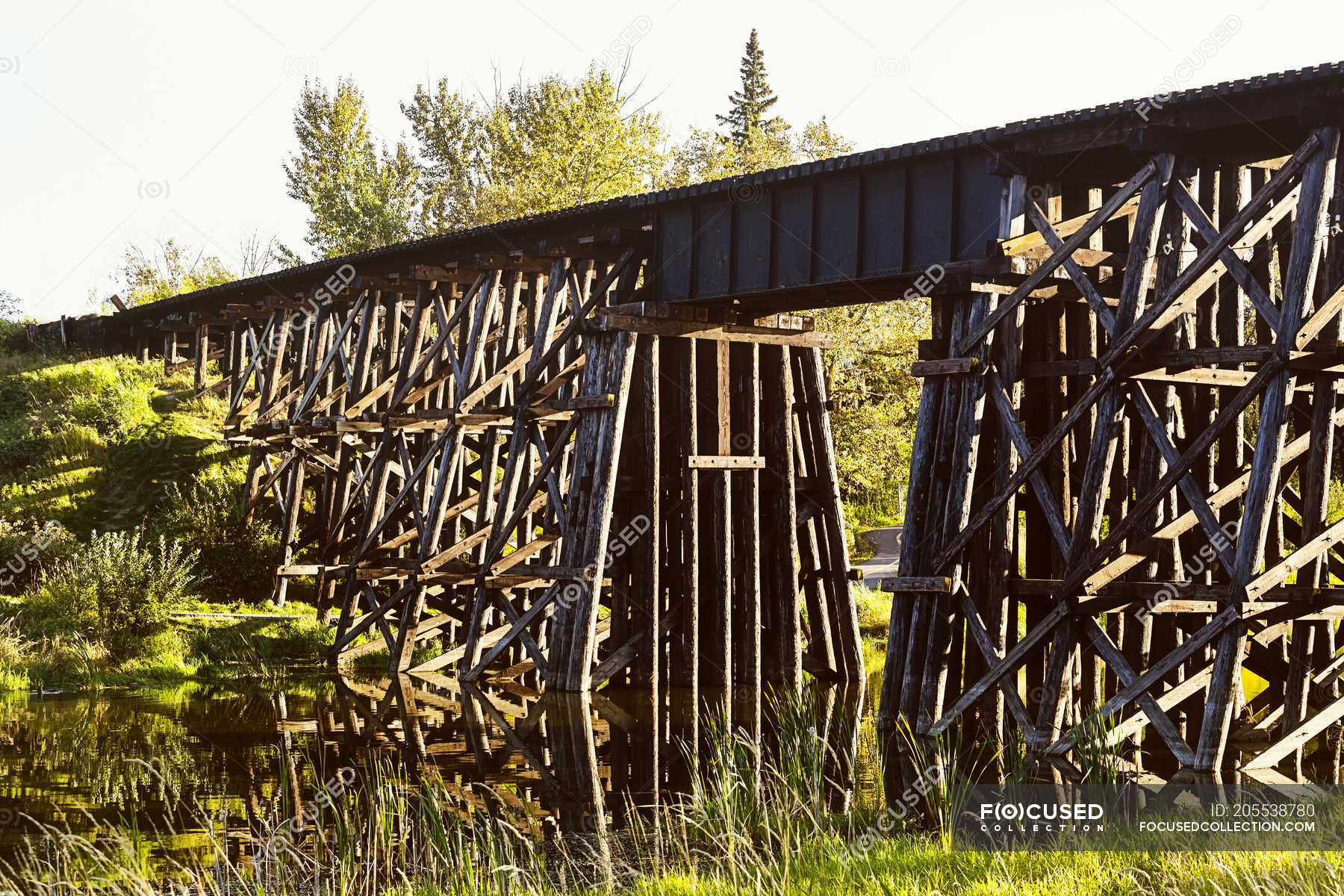 Scenic view of old Iconic Wooden Trestle Bridge Over The Sturgeon River ...