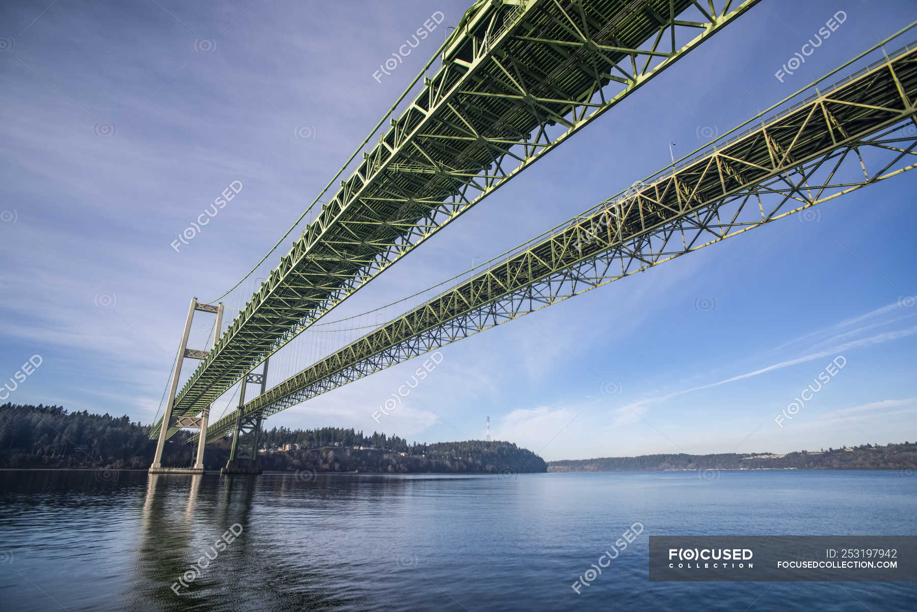 The Narrows Bridge from the water surface, Olympic Peninsula